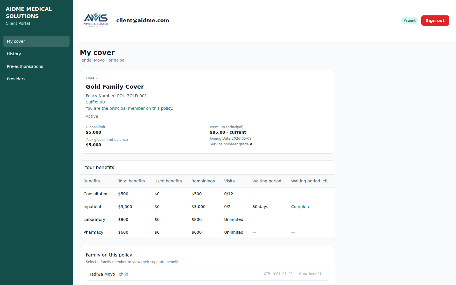 Patient portal showing policy, global limit and benefit balances