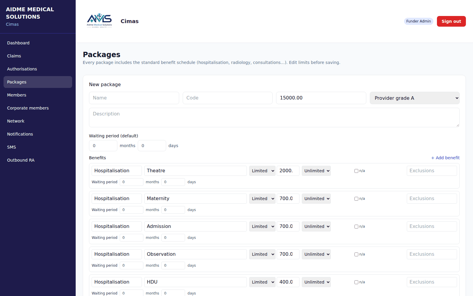 Benefit package builder with limits and waiting periods per benefit