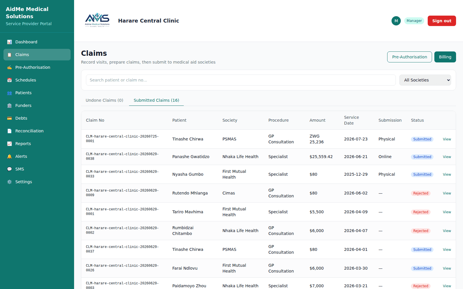 Submitted claims list with society, procedure, amount and status