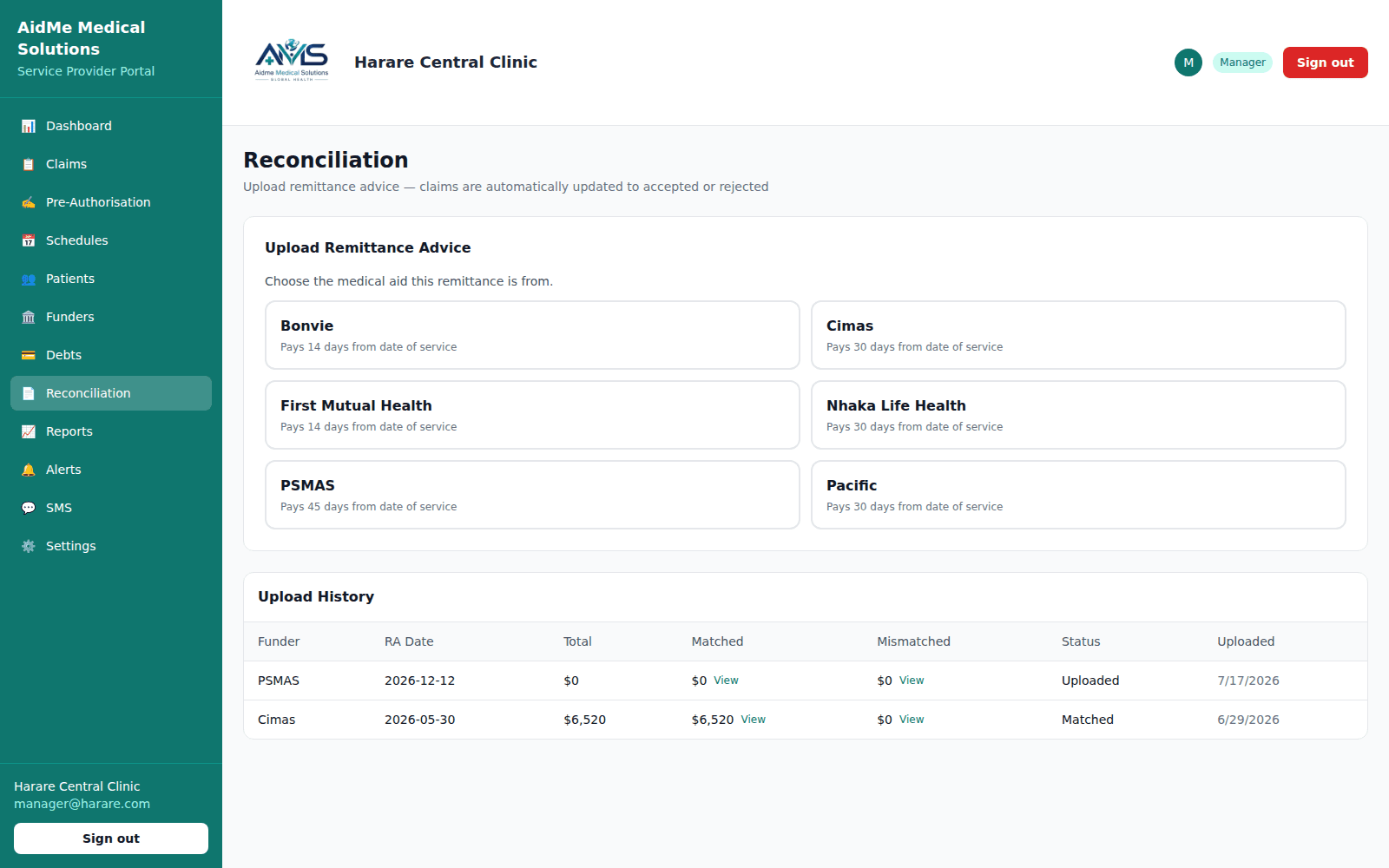 Remittance upload per medical aid with upload and matching history