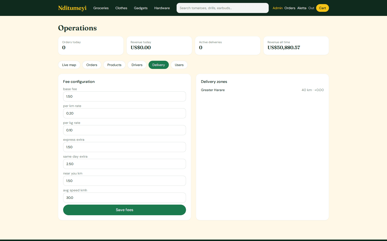 Delivery fee configuration and delivery zones