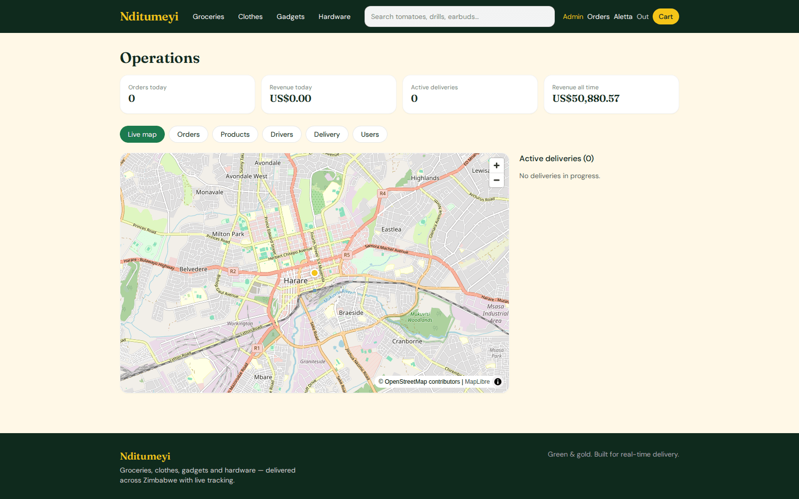 Admin operations console with revenue cards and live delivery map