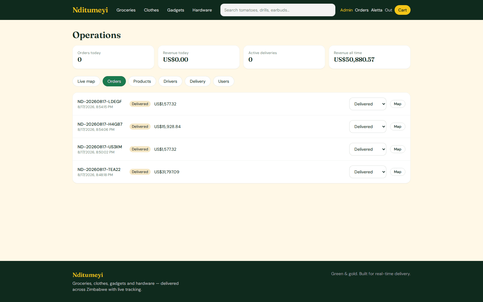 Admin order list with status updates and map links