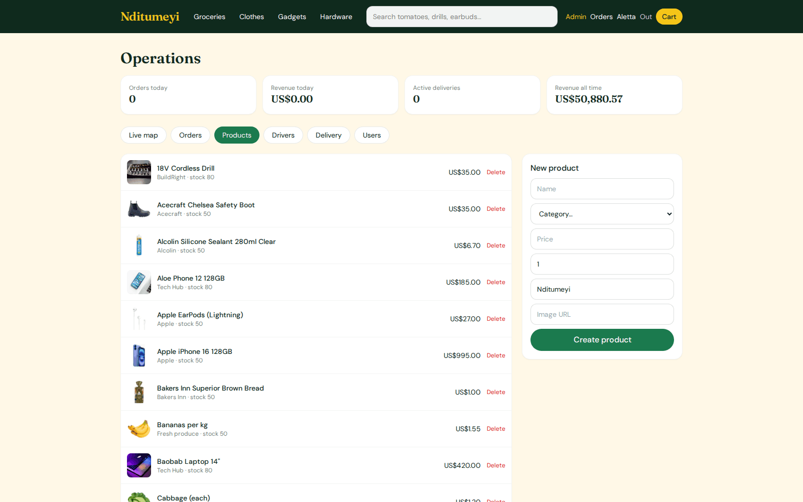 Admin product catalogue with create product form