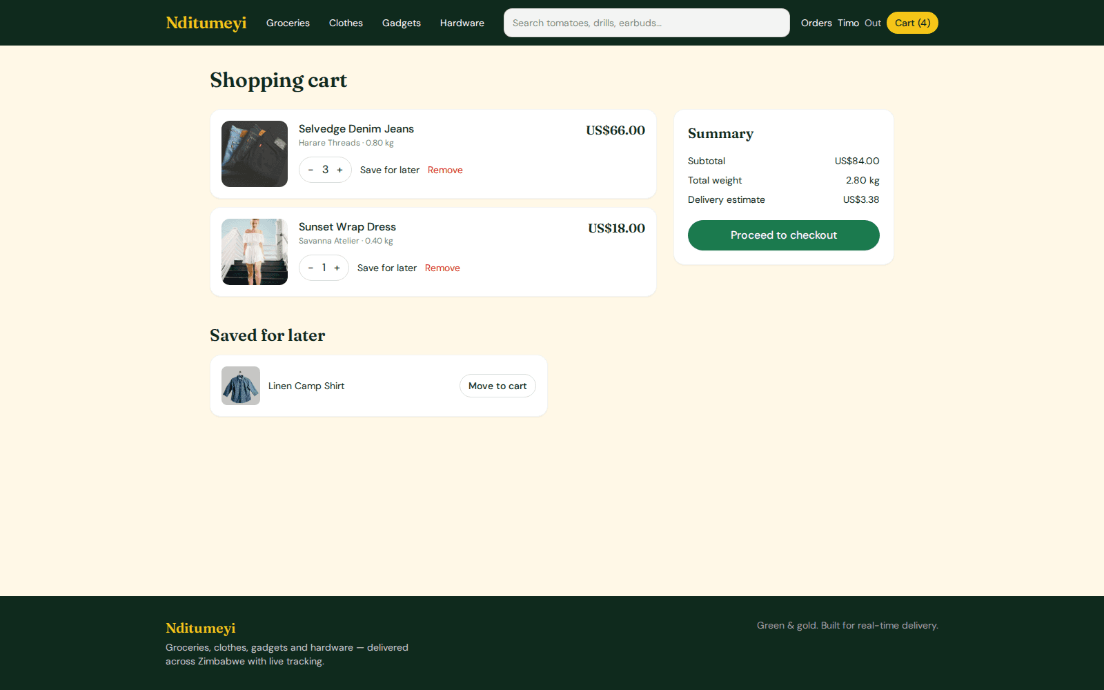 Shopping cart with save-for-later and delivery estimate