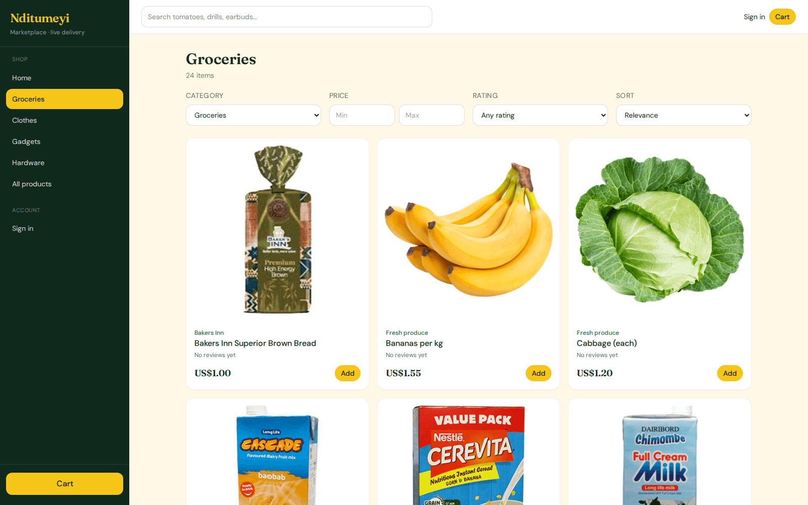 Groceries category with price, rating and sort filters