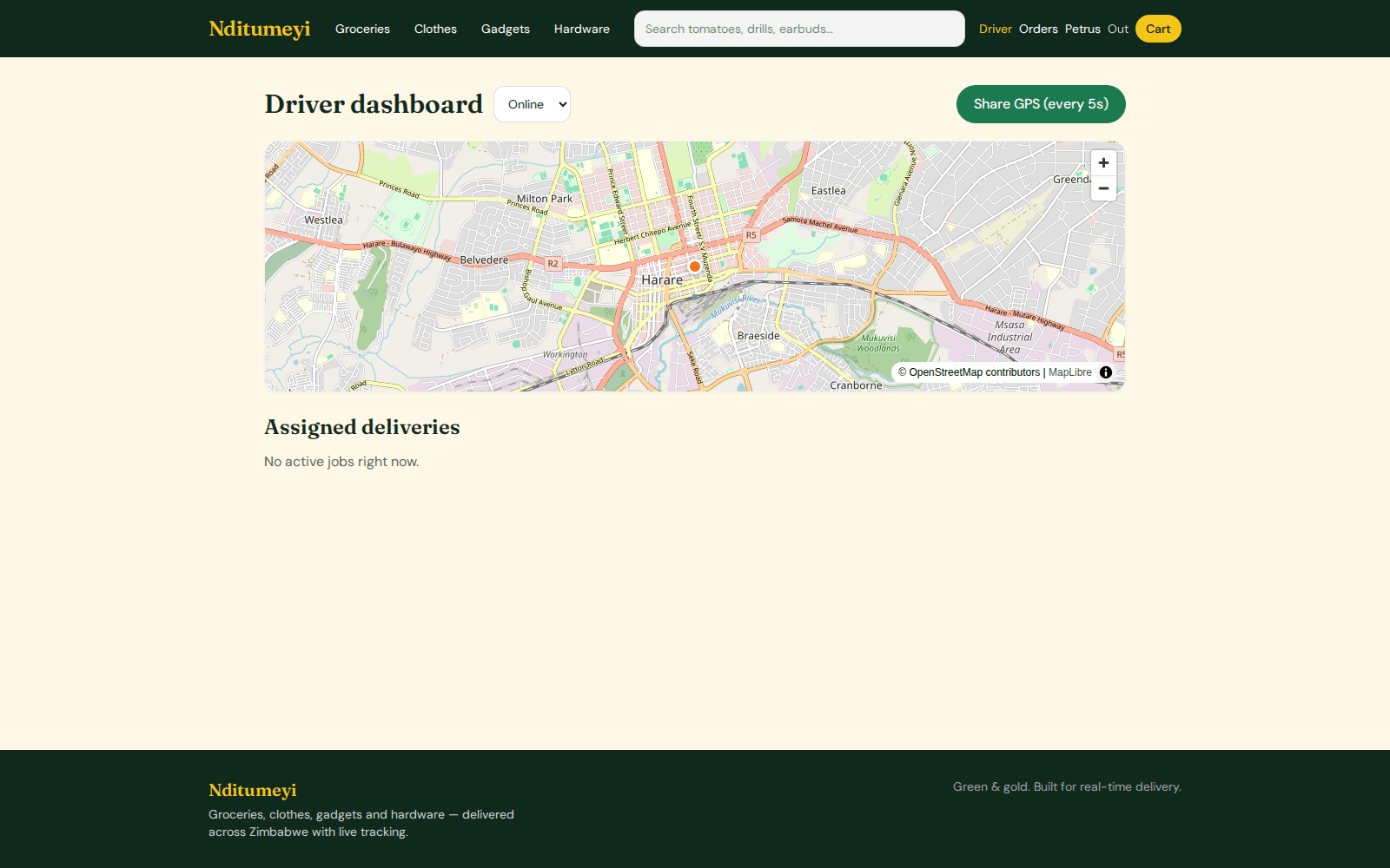 Driver dashboard with availability toggle, GPS sharing and map