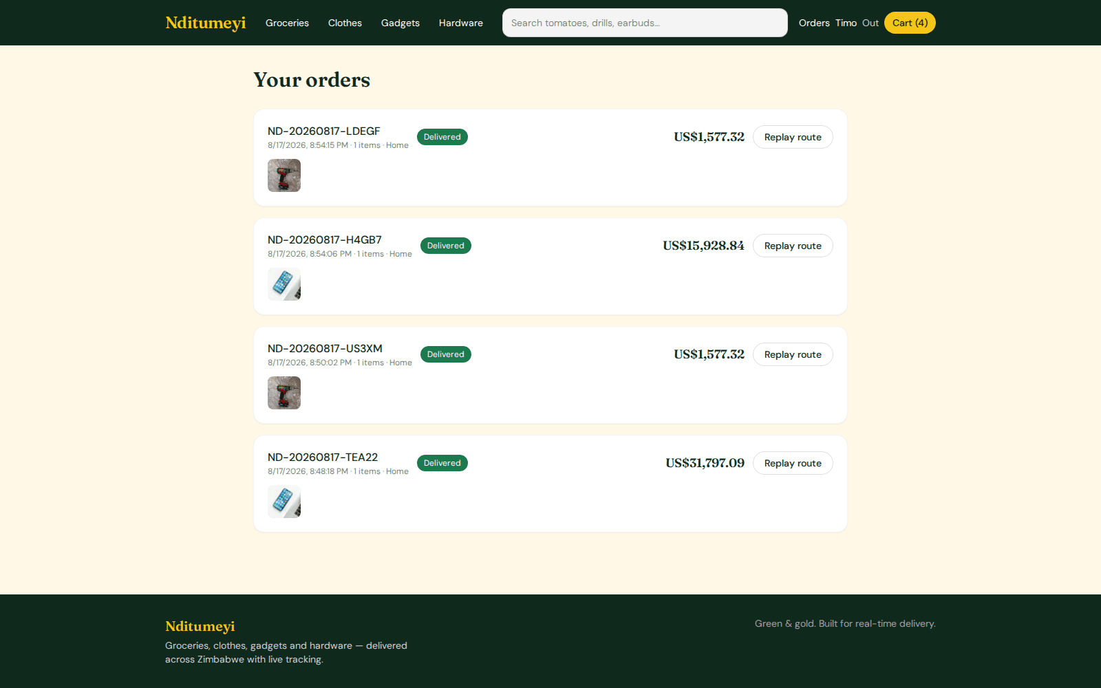 Customer order history with statuses and route replay