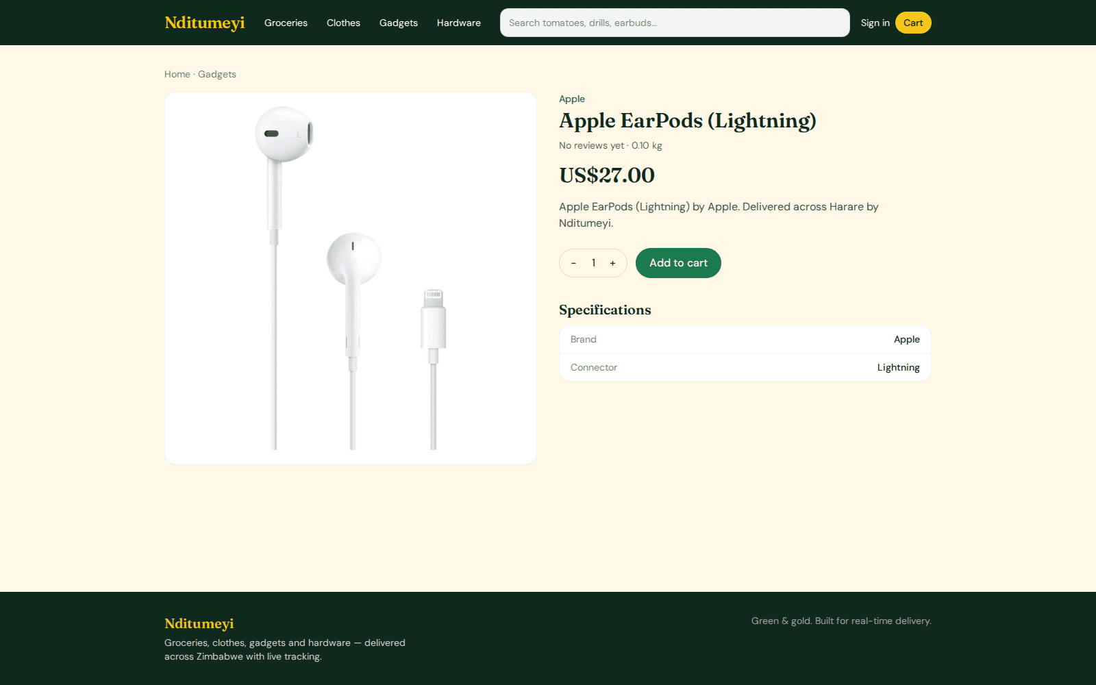Product page with gallery, price, quantity selector and specifications