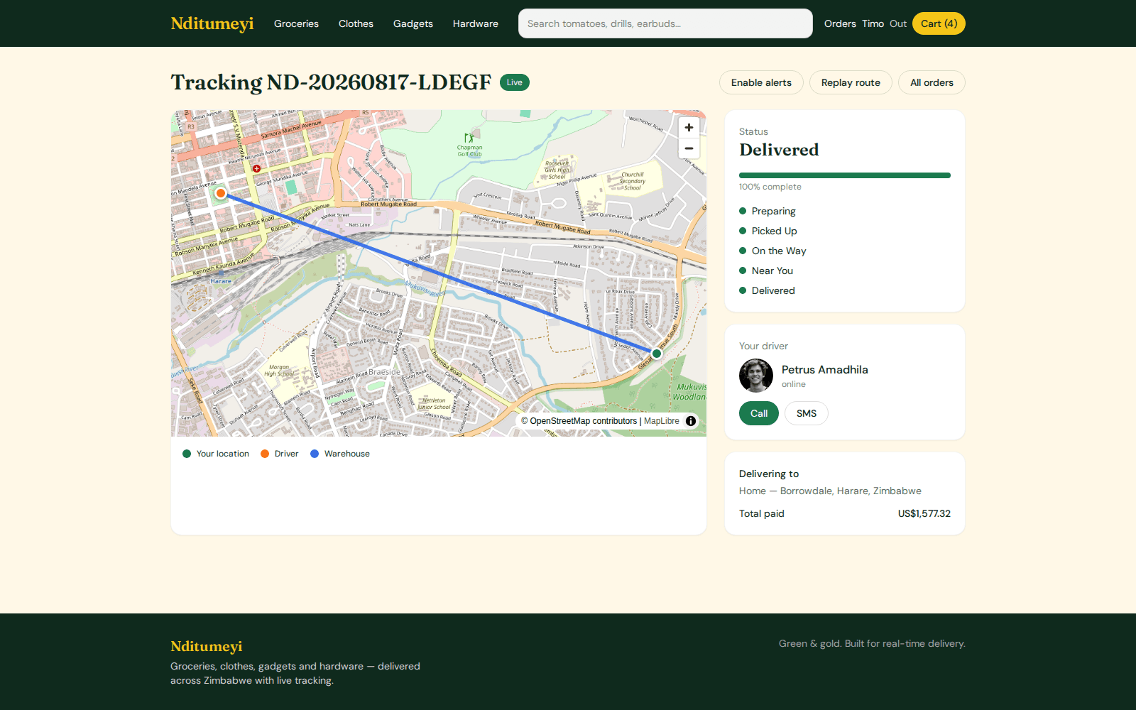 Order tracking page with map, driver, warehouse, status steps and driver contact