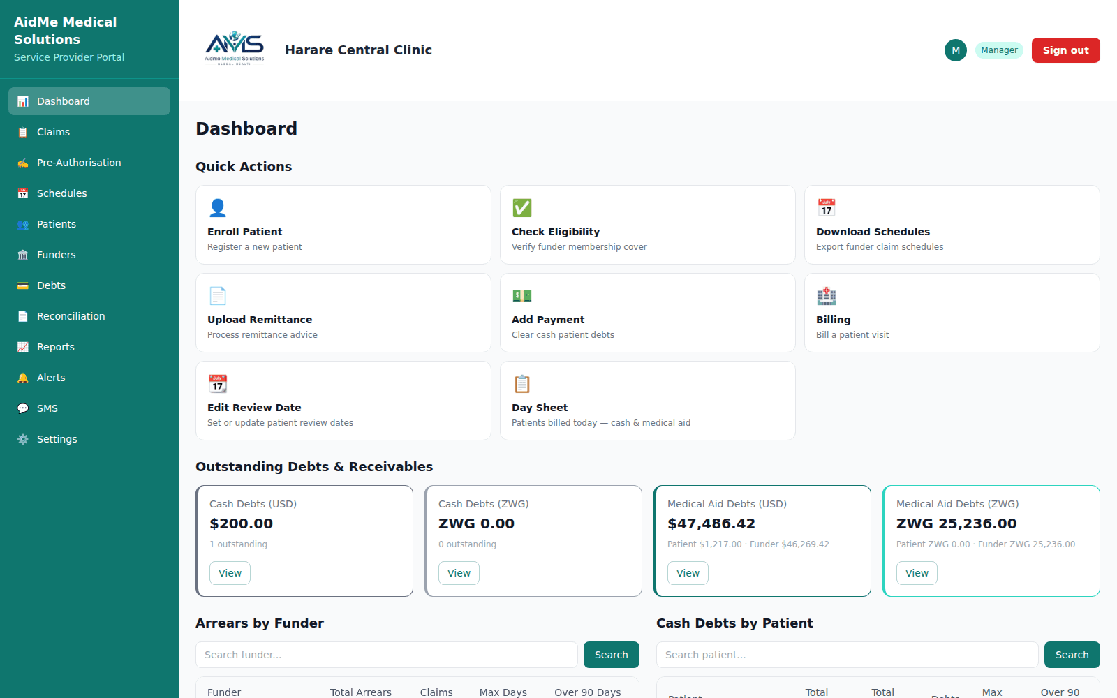AidMe service provider dashboard with quick actions and outstanding debts by currency
