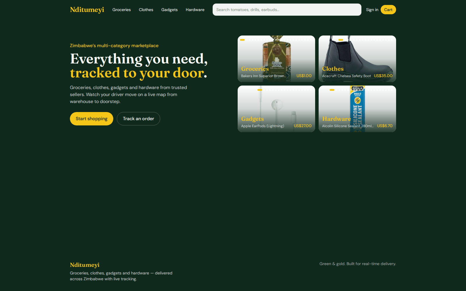 Nditumeyi storefront with category tiles for groceries, clothes, gadgets and hardware